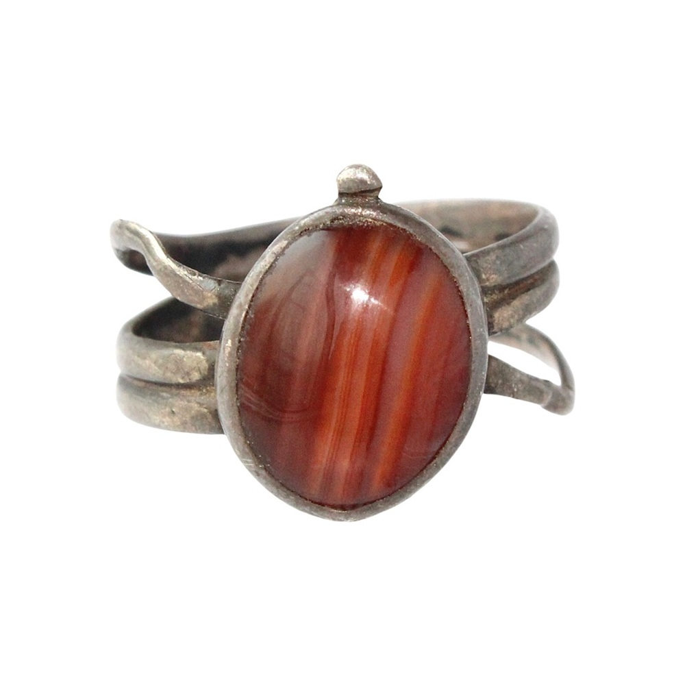 Vintage Banded Agate Sterling Silver Ring Size 7 Red Orange Striped Asymmetrical
